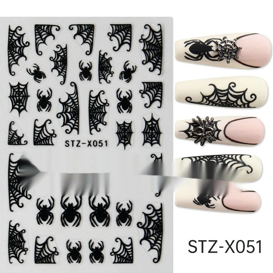 Sheet of nail art stickers with black and silver stripes and a cartoon love heart pattern.