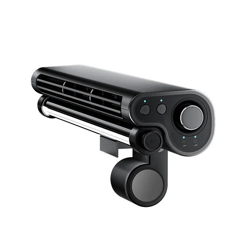 Black USB bladeless fan with clip-on laptop mount and integrated LED lighting