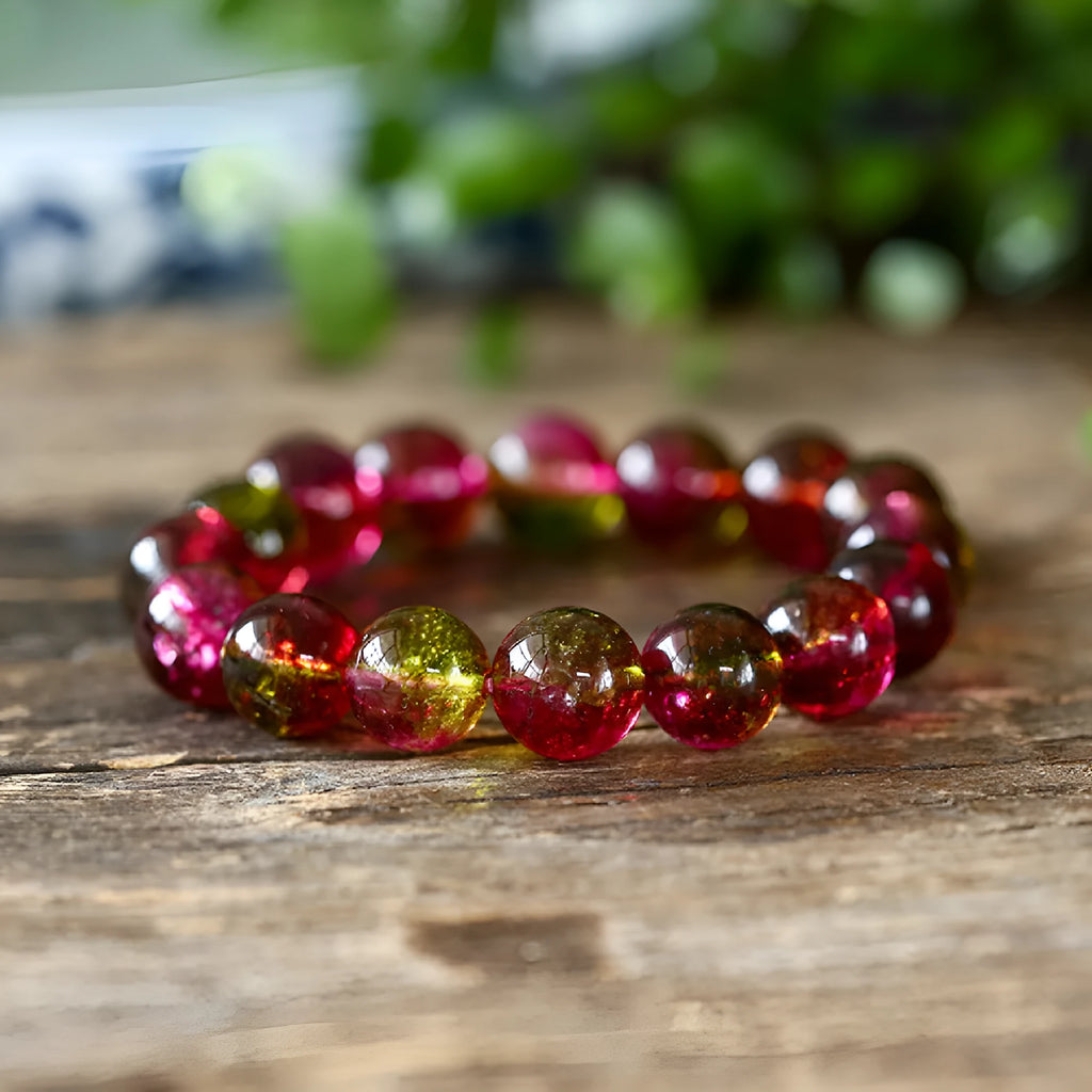 Women's watermelon crystal bracelet showing handmade construction with casual pastoral style