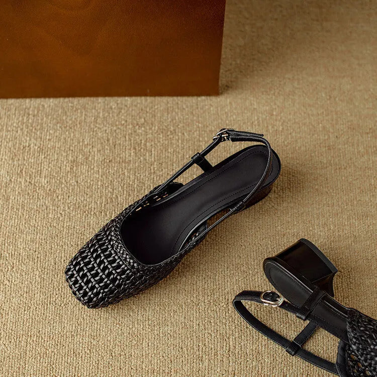 Women's woven hollow-out closed toe sandals with chunky heel and buckle fastening in black or beige