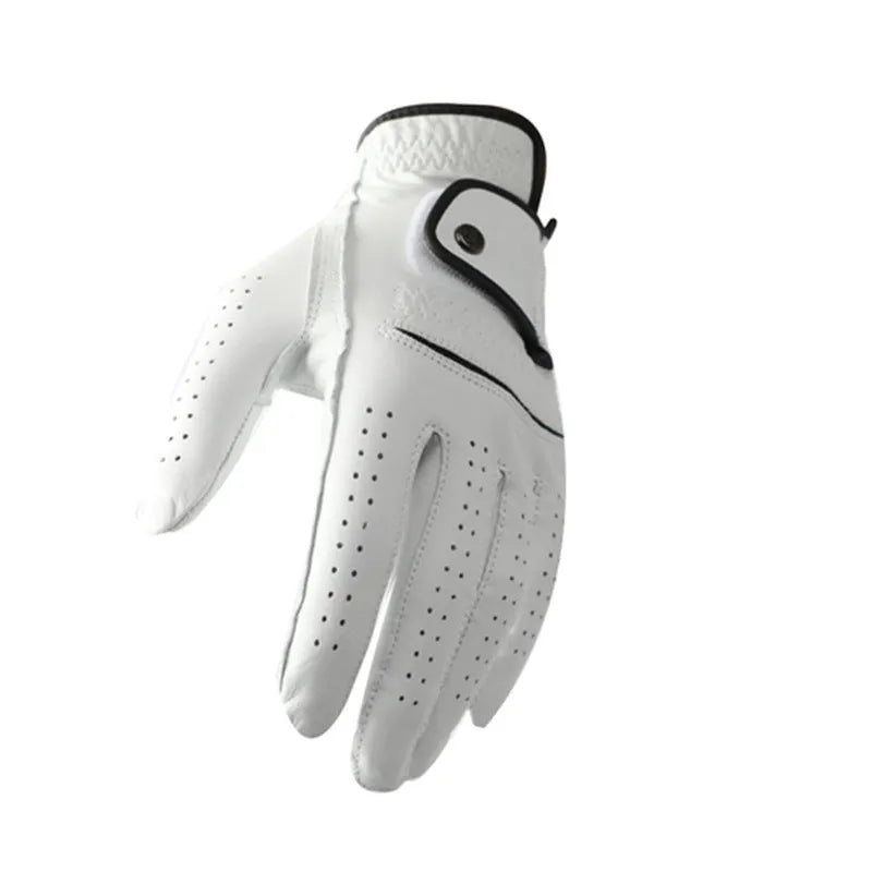 White half sheepskin leather golf glove for men on a green background