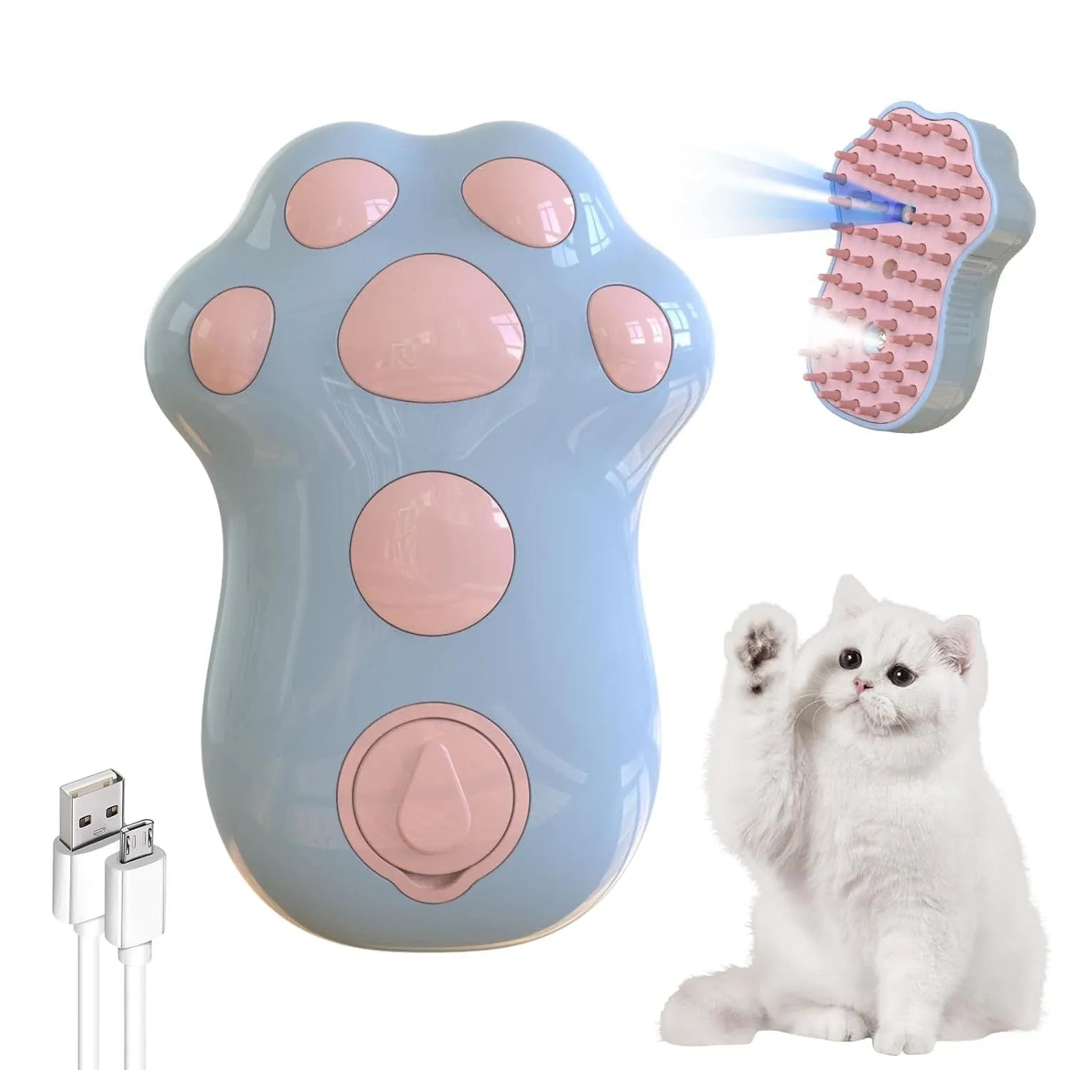 Blue rechargeable self-cleaning cat steam brush with silicone bristles and mist spray bottle