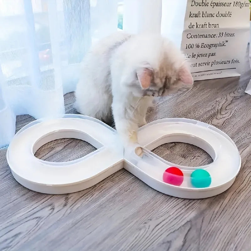 Blue and white interactive cat toy turntable with ball track and teasing stick on floor