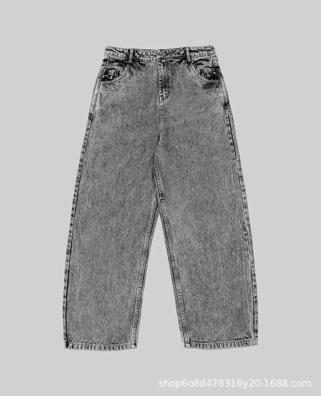 Grey loose straight-leg cotton denim trousers for men and women showing mid-waist design