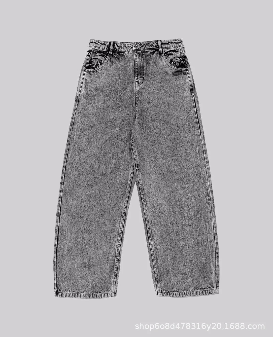 Grey loose straight-leg cotton denim trousers for men and women showing mid-waist design