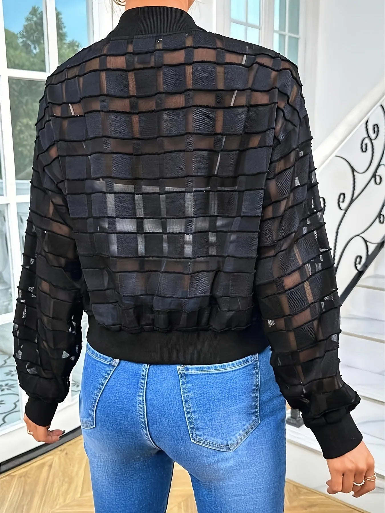 Black women's casual jacket with geometric pattern on semi-transparent polyester fabric