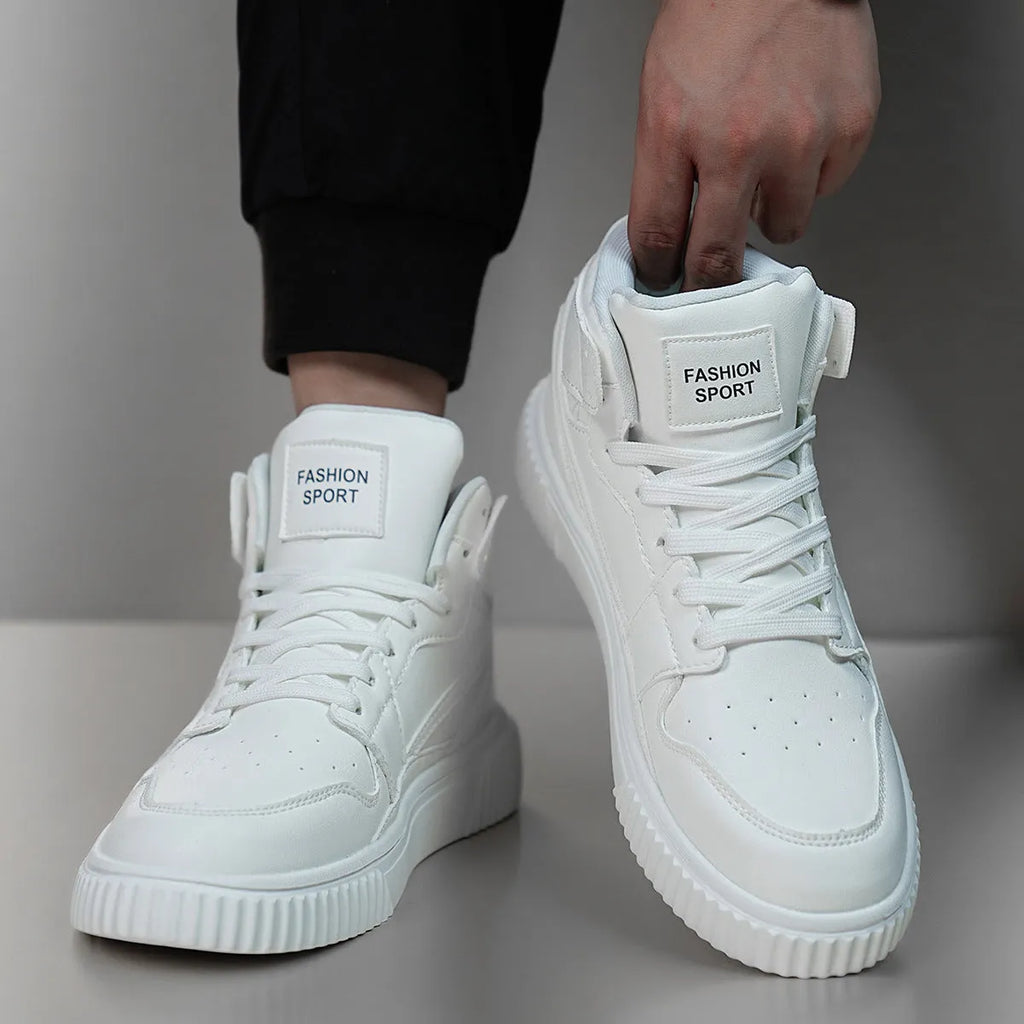 Men's white round toe casual shoes with a microfiber upper for autumn and winter