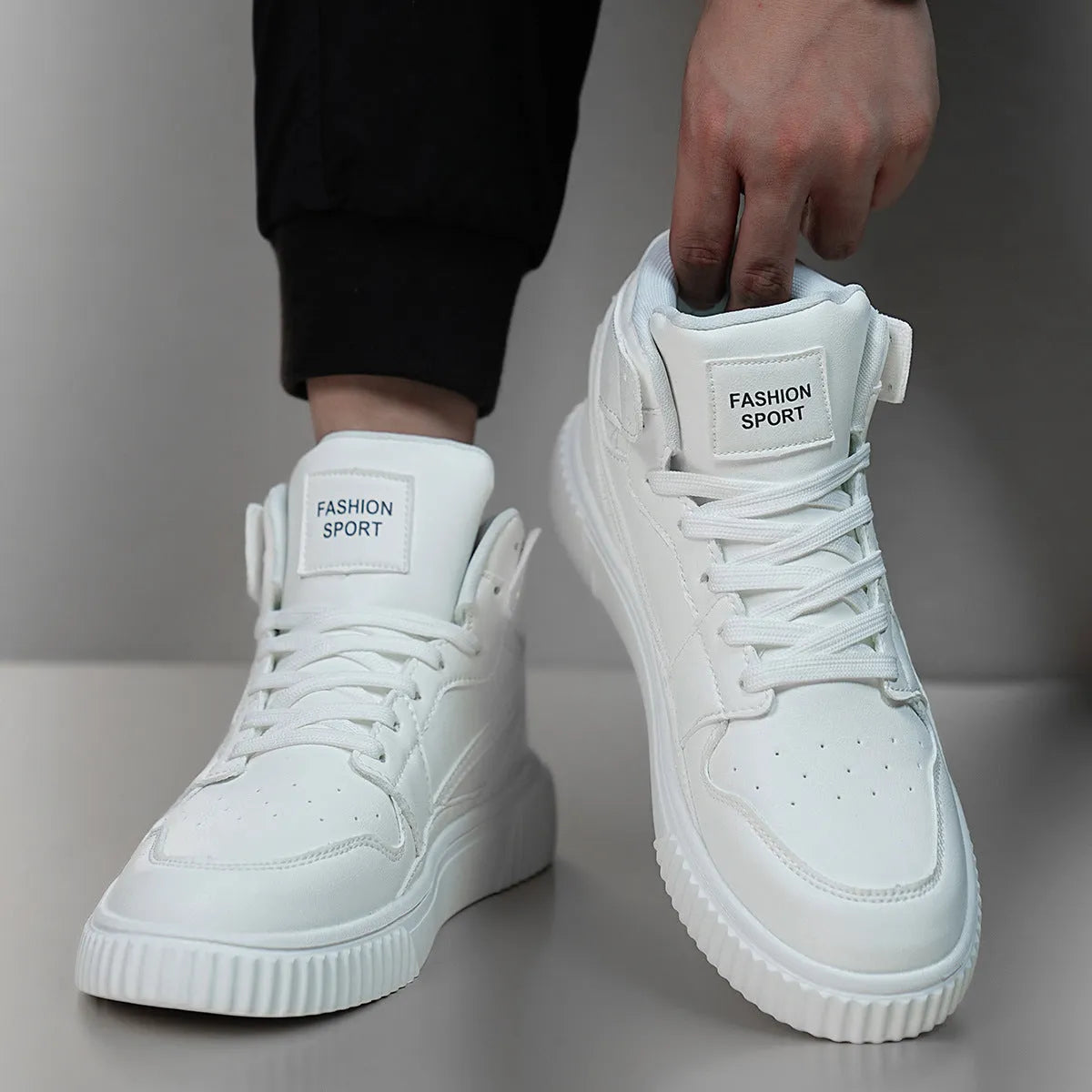 Men's white round toe casual shoes with a microfiber upper for autumn and winter