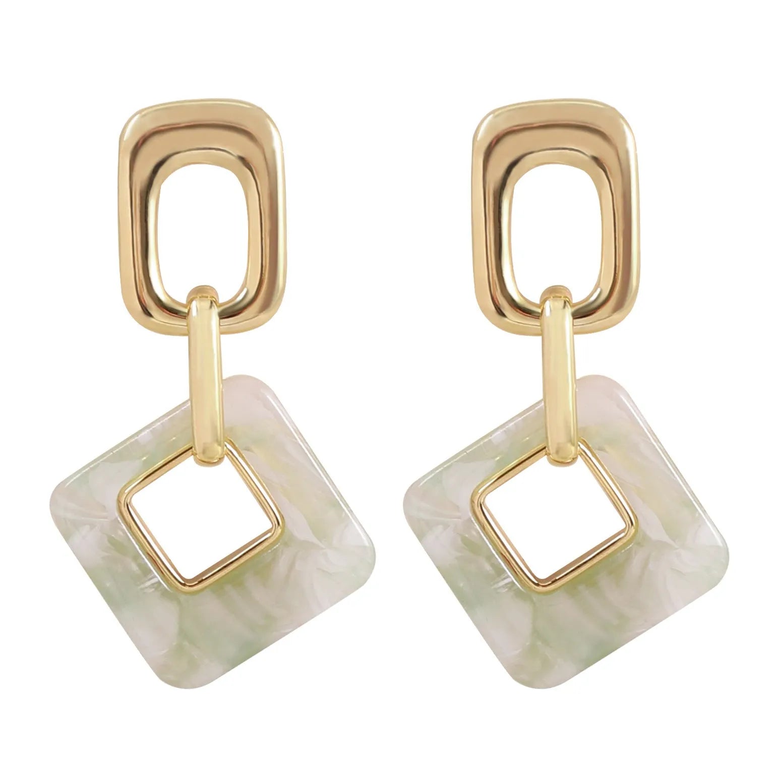 A pair of hollow geometric square earrings with a chamfered pattern, shown in an electroplated finish.