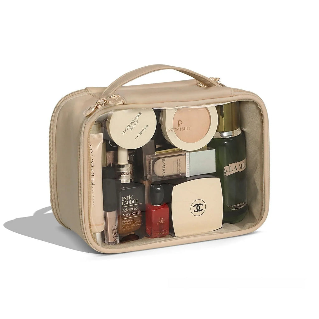 Transparent PVC cosmetic bag with waterproof design and polyester lining available in pink, beige, and brown.