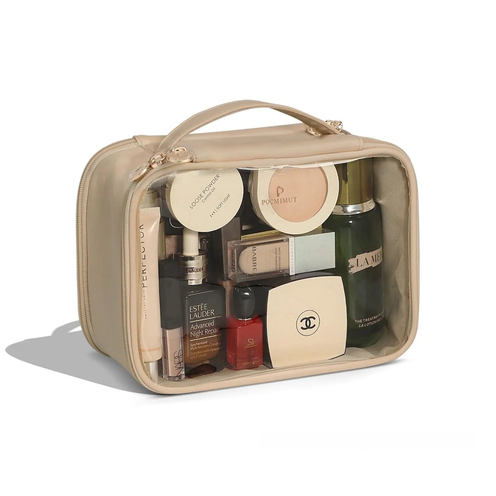 Transparent PVC cosmetic bag with waterproof design and polyester lining available in pink, beige, and brown.