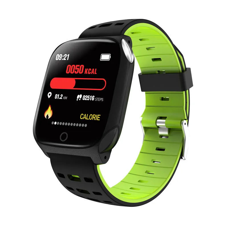F16 Smart Watch with ECG display on wrist, showing black green silicone strap and 43mm screen.