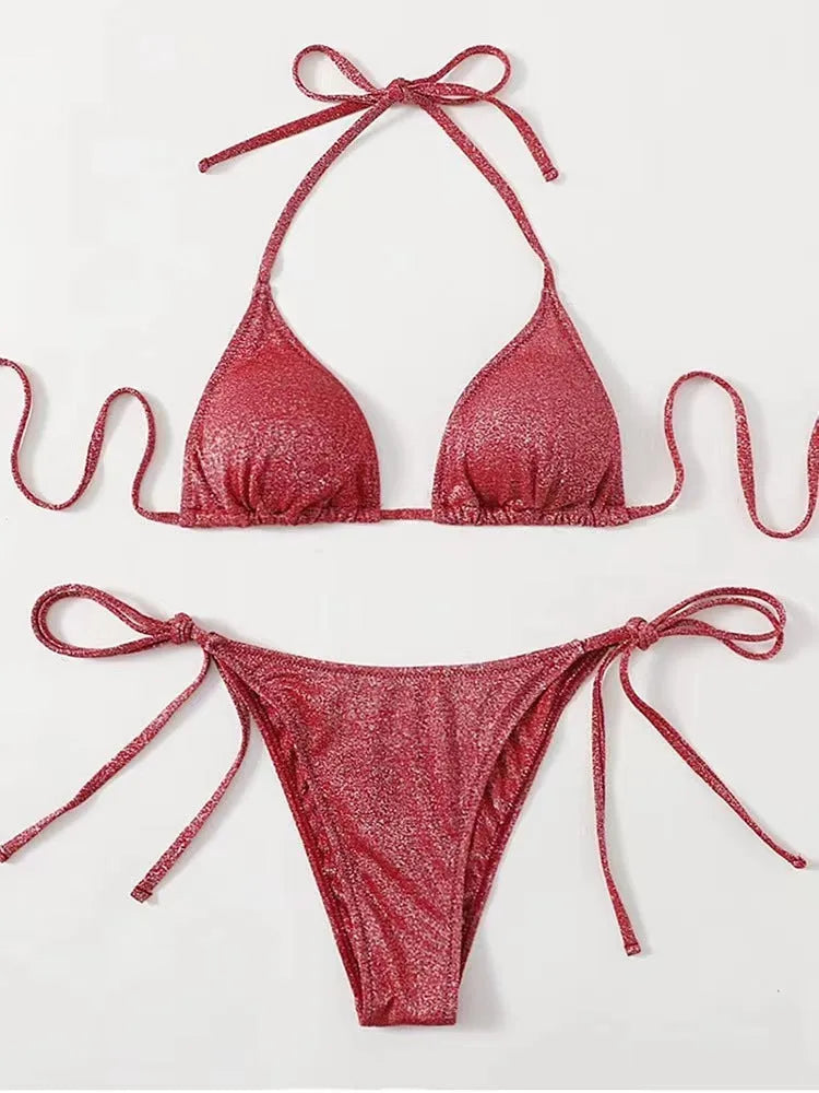 Women's split bandage style bikini swimsuit in polyester, shown in one of six available colours.