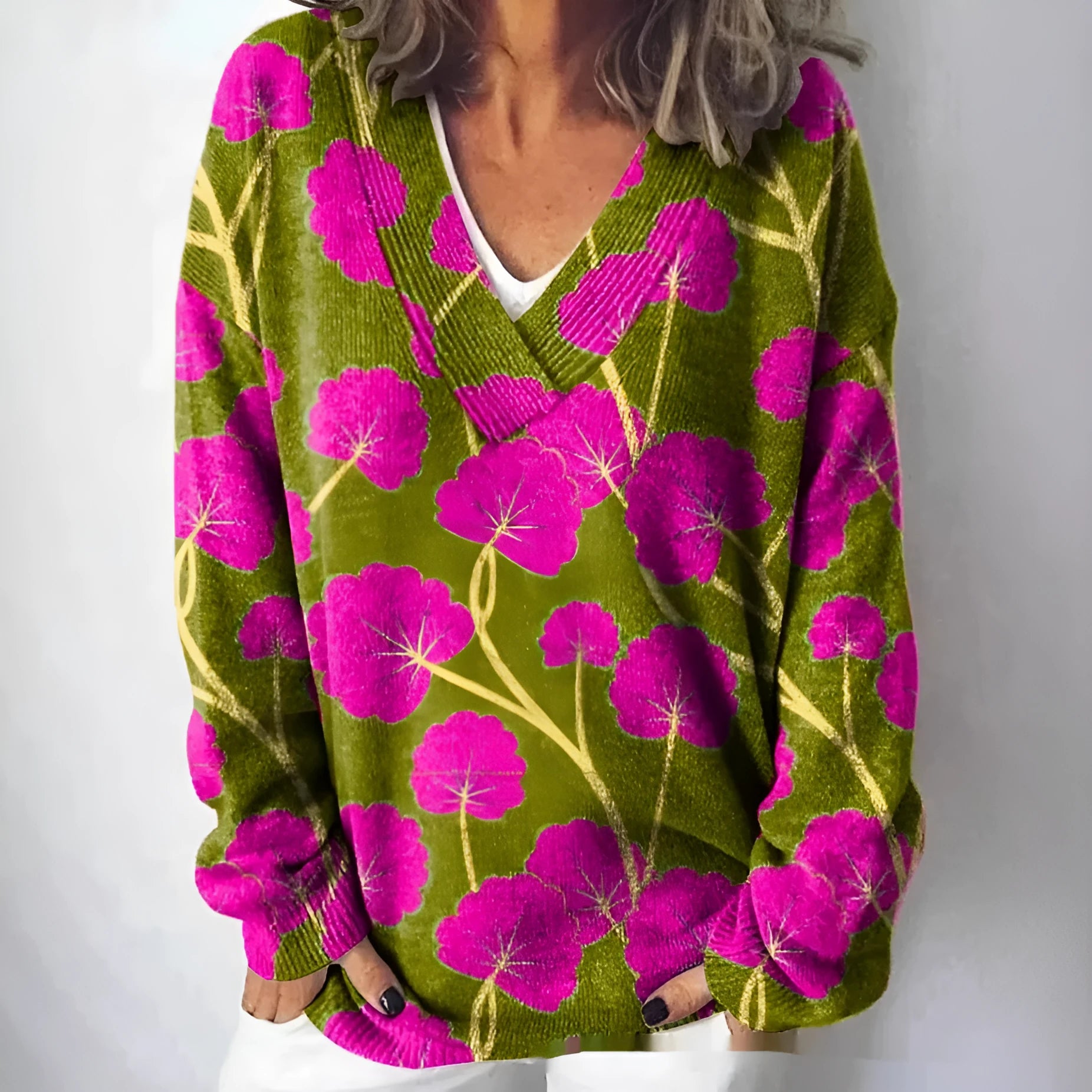 Women's V-neck floral print sweatshirt with 3D effect and long sleeves in art retro style.