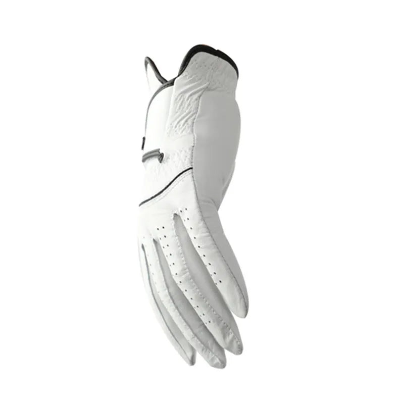 White half sheepskin leather golf glove for men on a green background