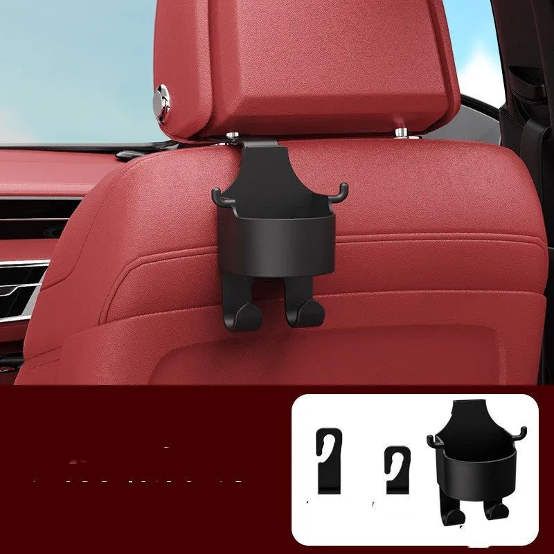 Black plastic car hook seat back organiser with cup holder and hanging hook