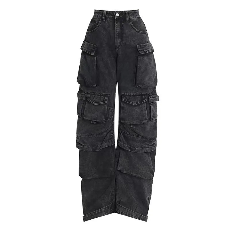 Women's high waist wide leg jeans with multiple pockets in street hipster style