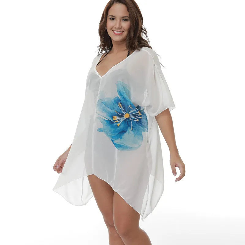 White plus size beach cover-up blouse loose fitting for swimming sun protection