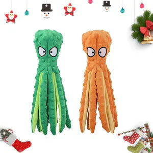 Blue octopus-shaped dog toy with crinkle sound features measuring 32cm long