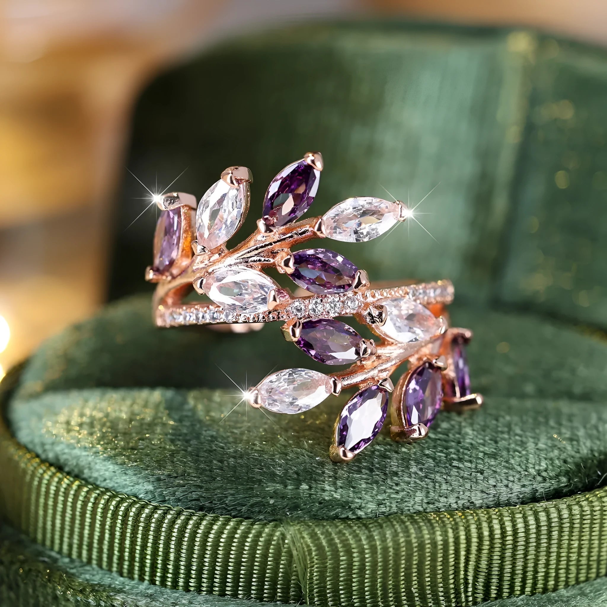 Adjustable copper leaf ring with a central horse eye zircon stone in a choice of nine colour finishes.