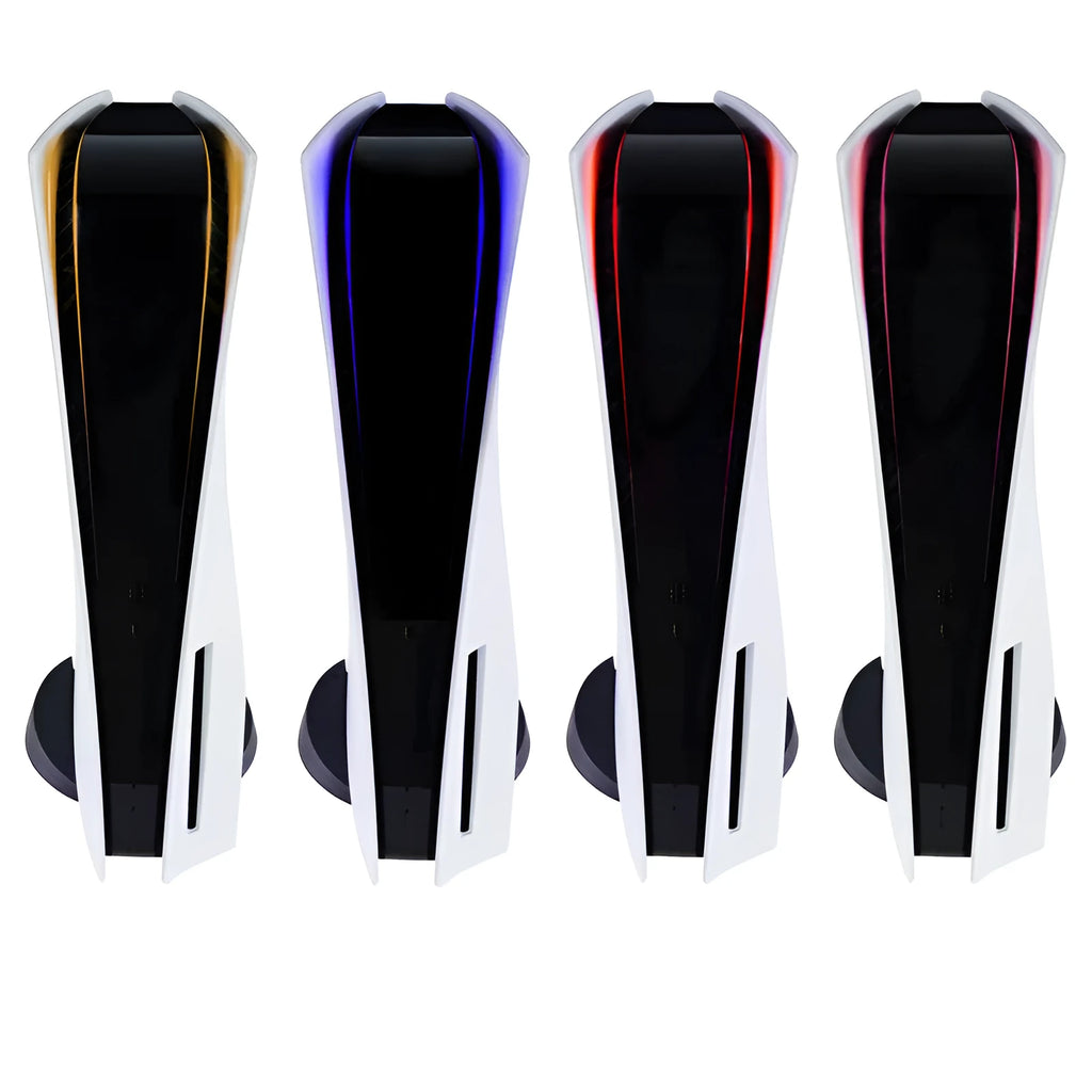 PS5 light bar film sticker in carbon fibre pattern showing blue, gold, pink, and red colour options.