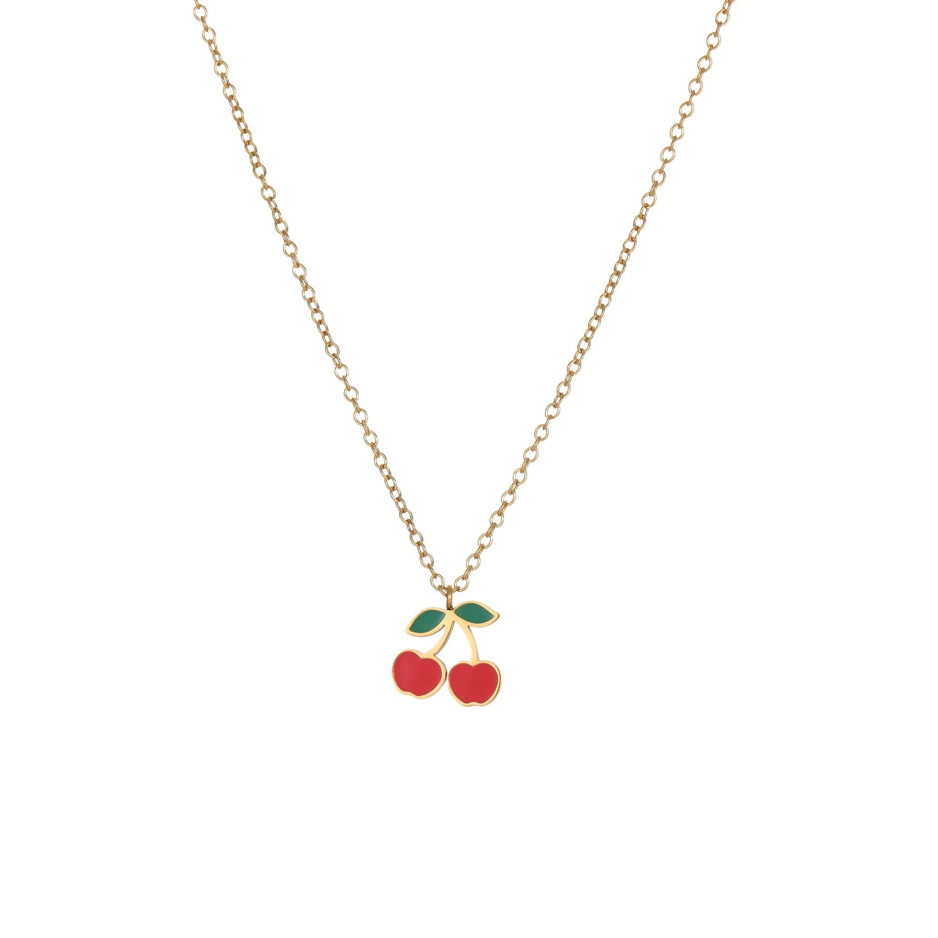 Four-piece 18K gold plated stainless steel jewellery set featuring cherry shaped necklace bracelet earrings and ring