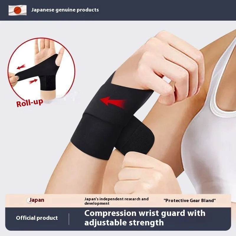 Adjustable athletic wristguard for sports support, shown in black colour with hook-and-loop fastening.