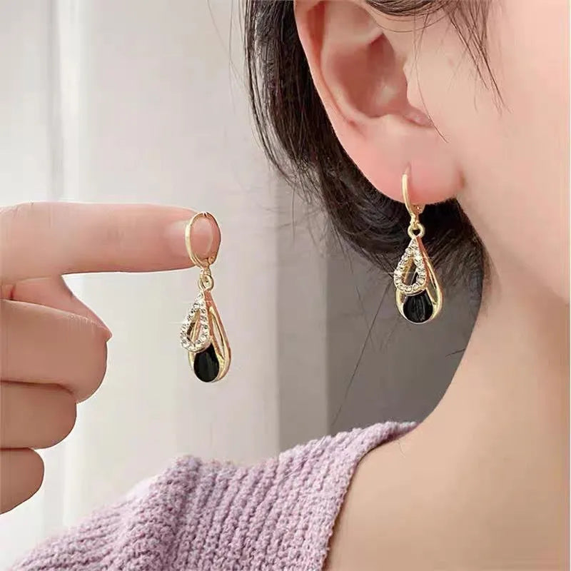 Light luxury diamond-inlaid drop hollow double-layer earrings in black oil drop colour for women