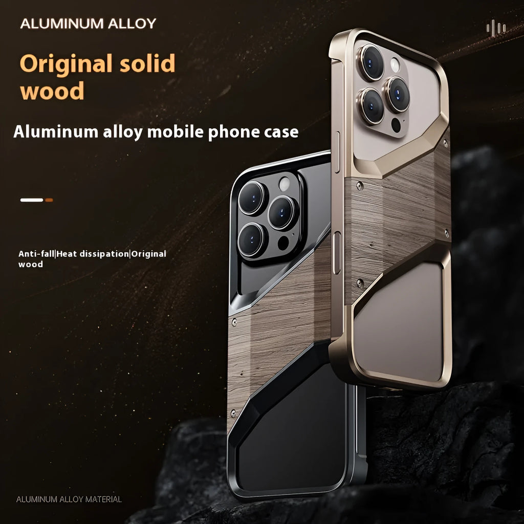 Hollow solid wood and aluminium phone case half pack design dark gray compatible with iPhone 15 and 16 series