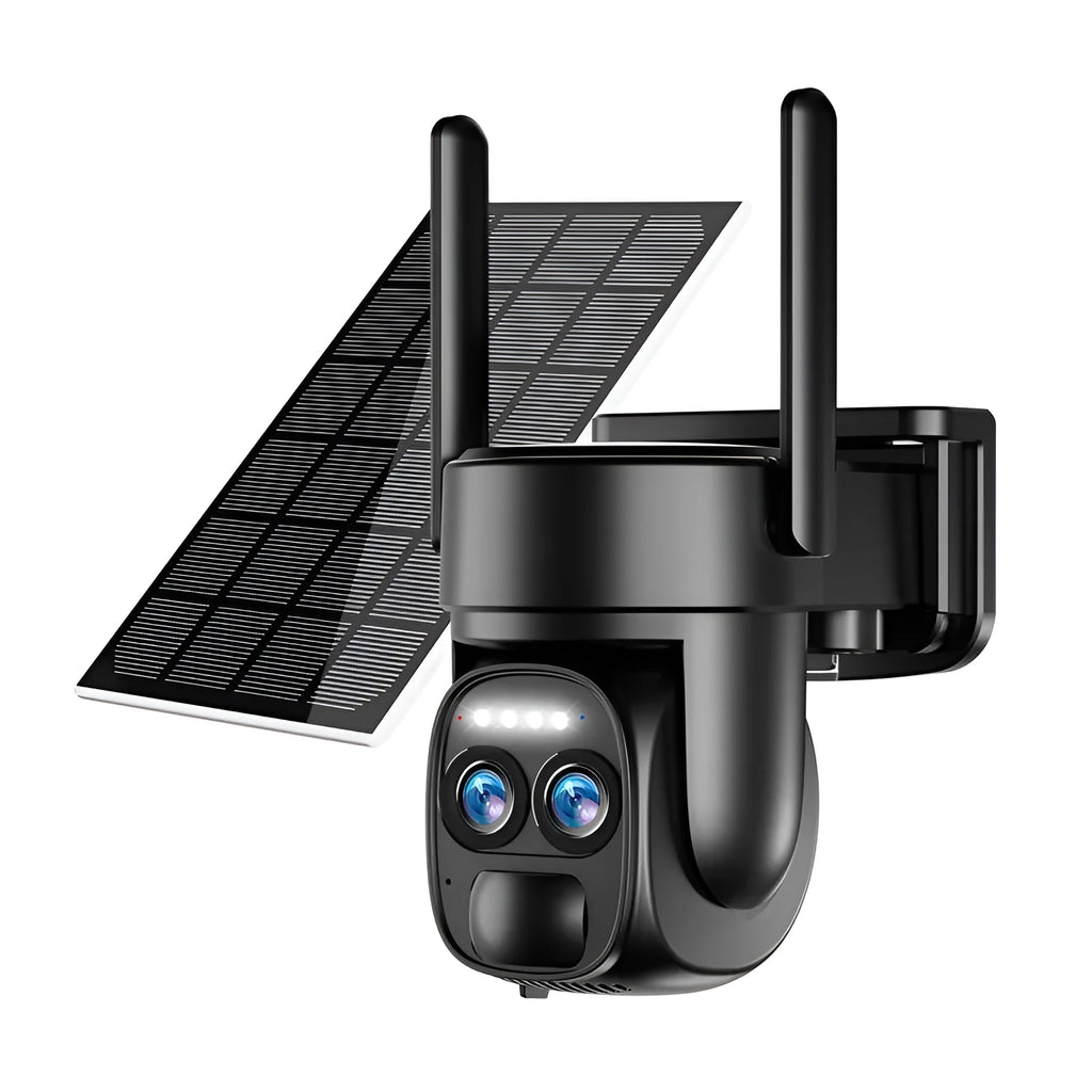 Solar-powered outdoor security camera with 8x zoom lens and dual 4G/WiFi connectivity