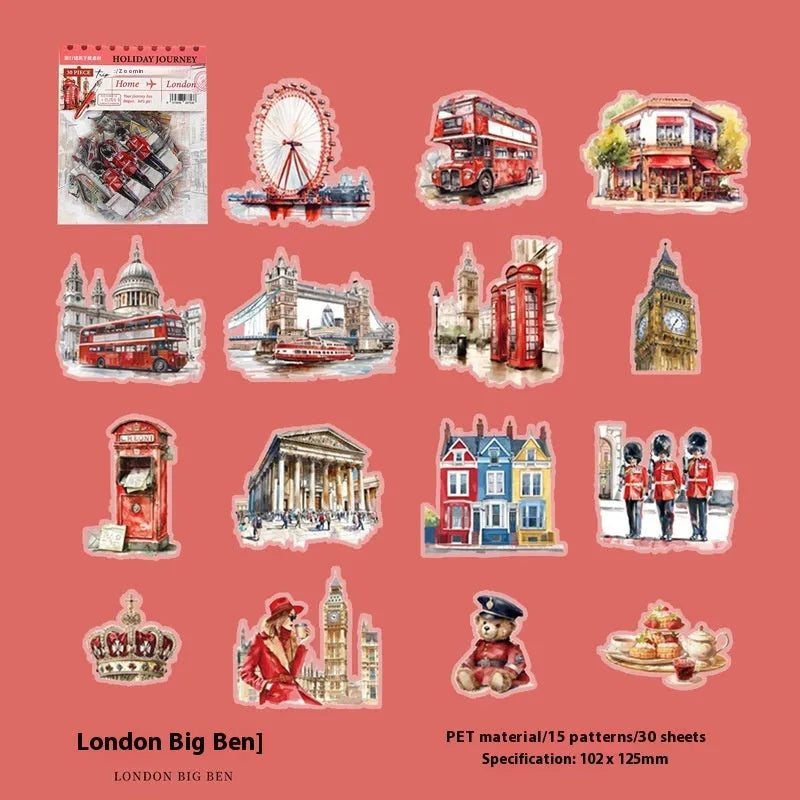 Architecture journal stickers with retro style world landmark designs including Paris Arc de Triomphe and London Big Ben