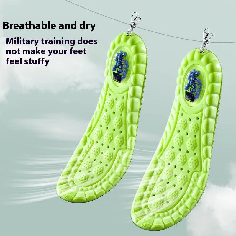 Green PU air cushion sports insoles for shock absorption, shown in size 35-46.