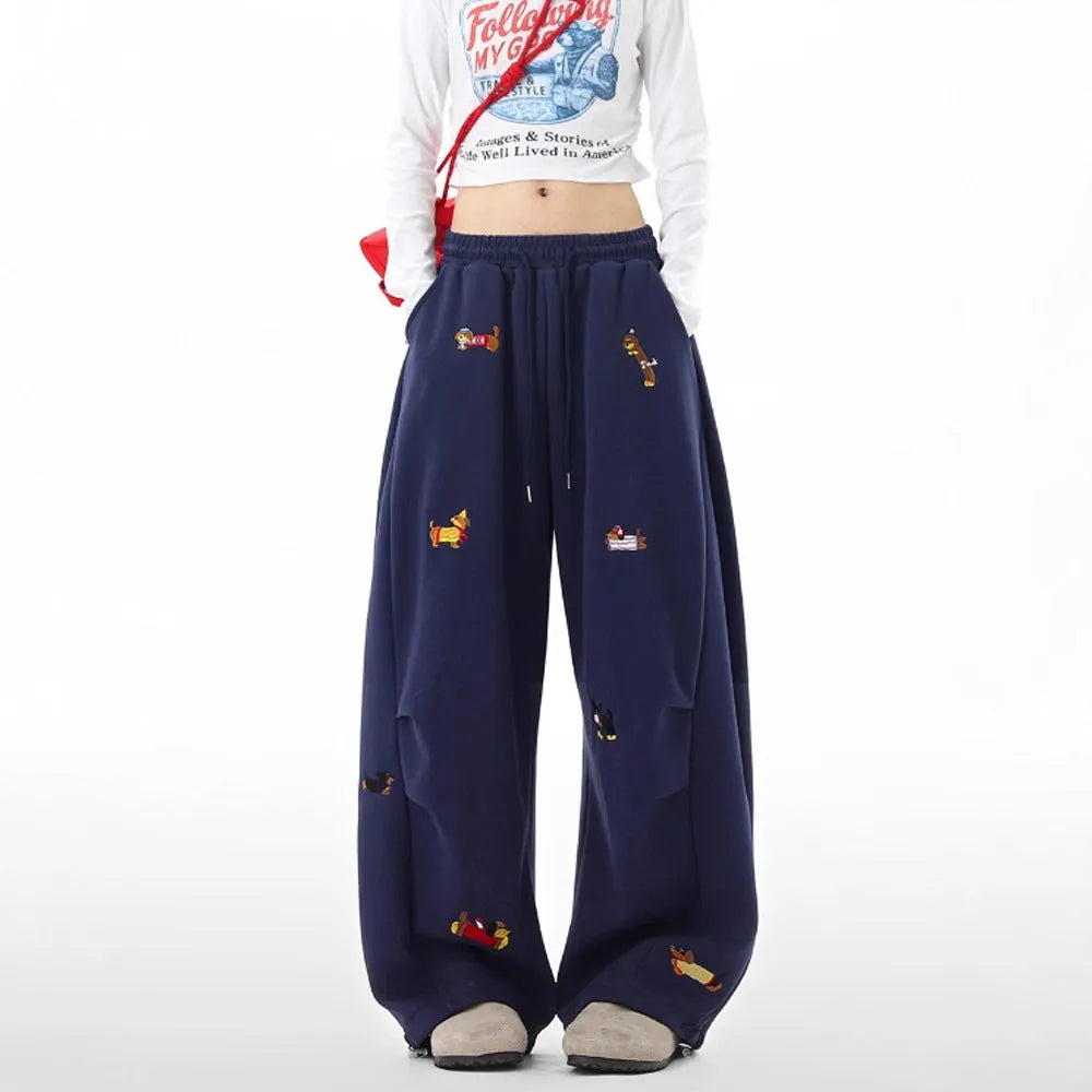 Lazy sausage dog embroidered machete sweatpants in gray, loose-fit polyester autumn casual trousers