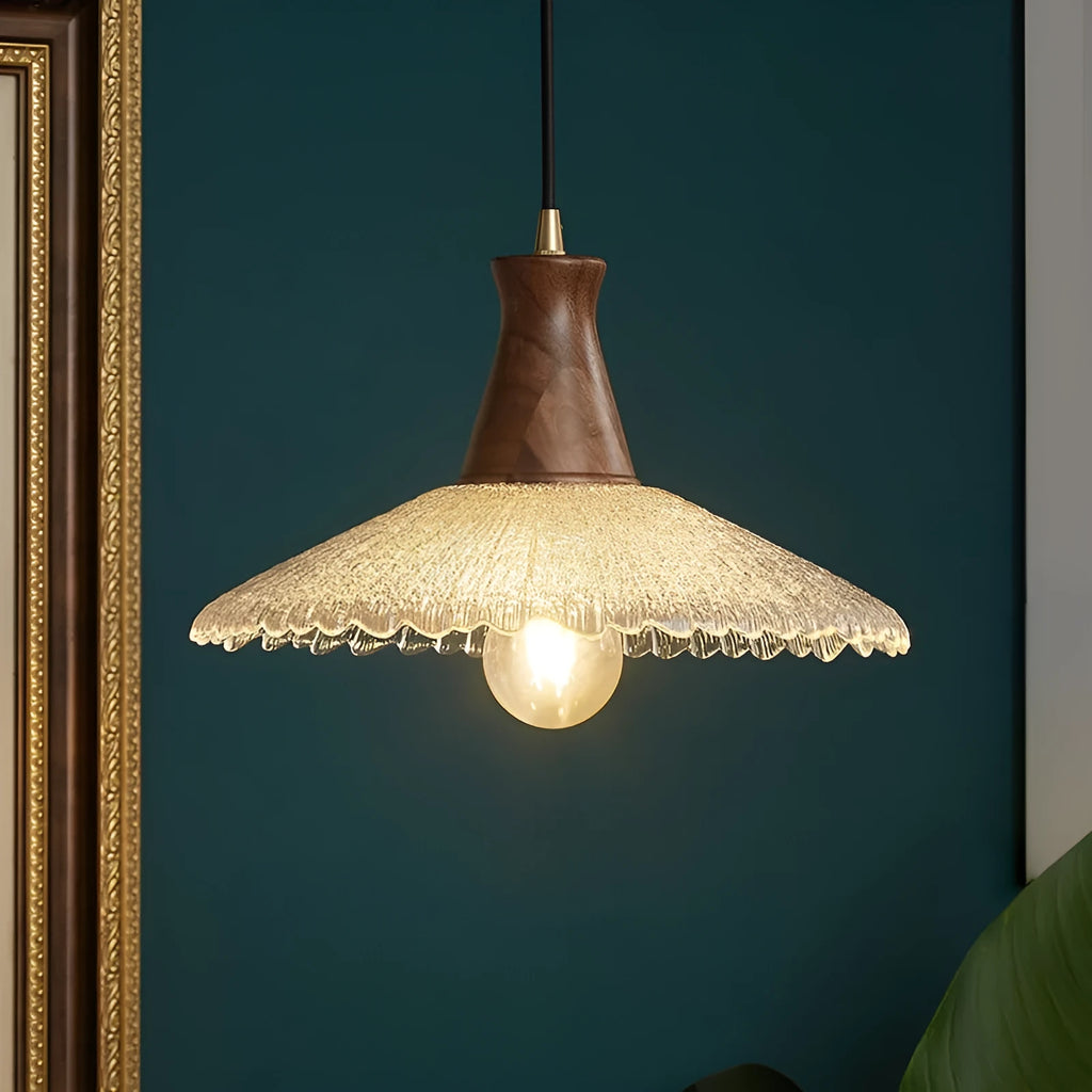 Retro wooden chandelier with glass shades in three size options