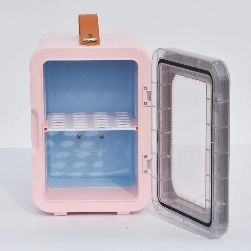 Pink mini refrigerator with transparent door showing dual hot and cold functionality for car and home use