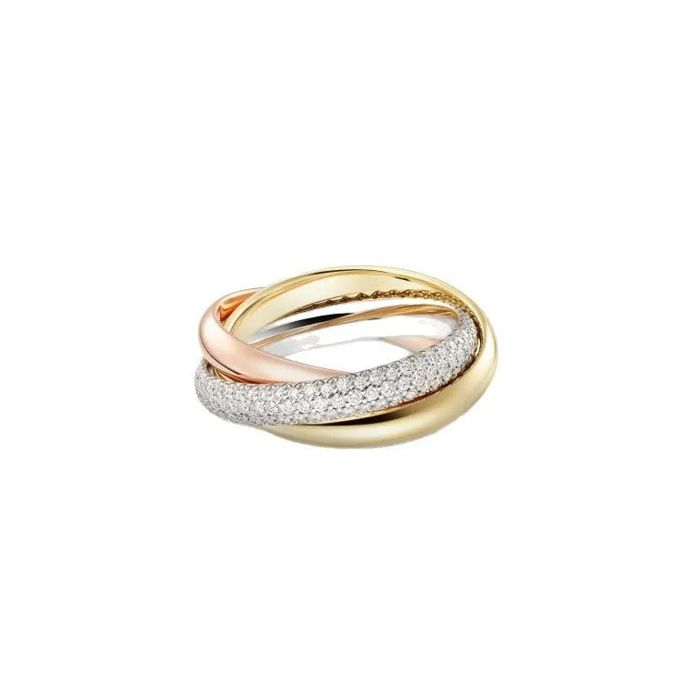 Geometric U-shaped silver couple ring with full diamonds on a black background.