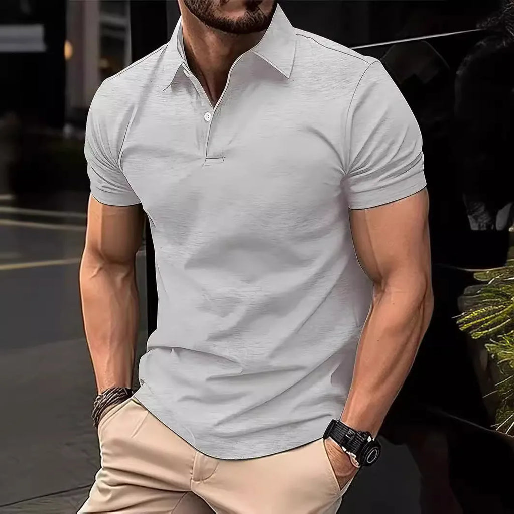 Man wearing a slim fit solid colour short sleeve casual shirt in a cotton blend fabric.