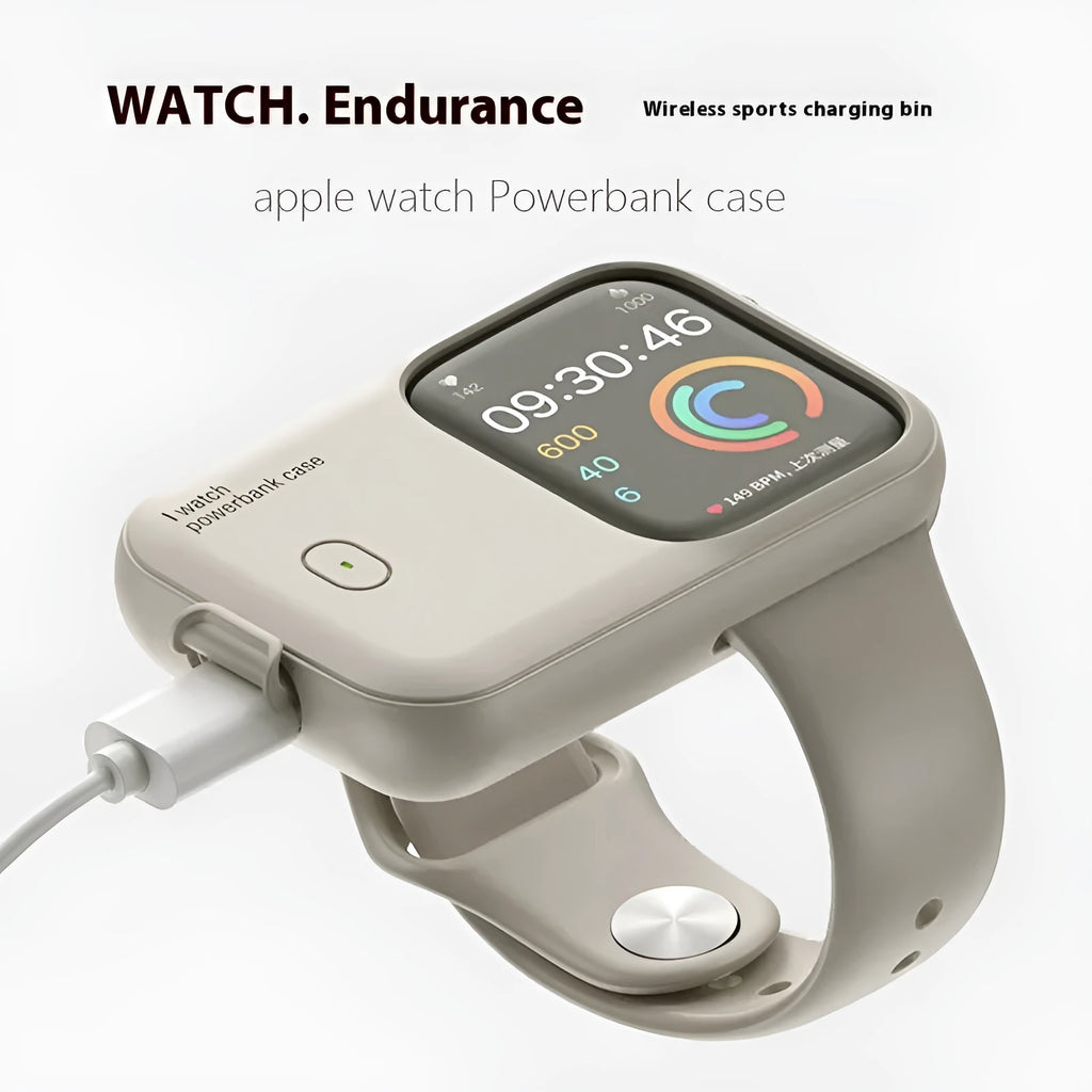 Apple Watch portable charging case with silicone cover in brown, midnight blue or starlight colours