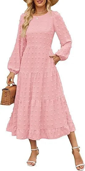 Women's beige long sleeve casual dress with ruffled sleeves and a high waist.