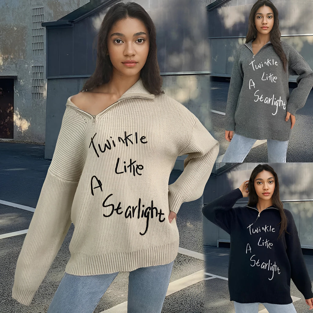 Women's retro turtleneck pullover sweater with oblique zip and loose lapels in alpaca wool blend fabric