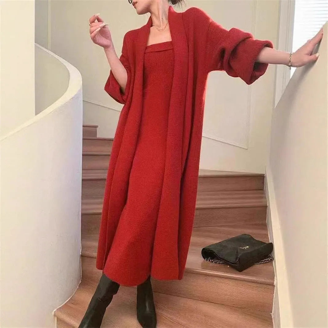 Women's knitted cardigan and long skirt dress two-piece suit in grey with flocking detail