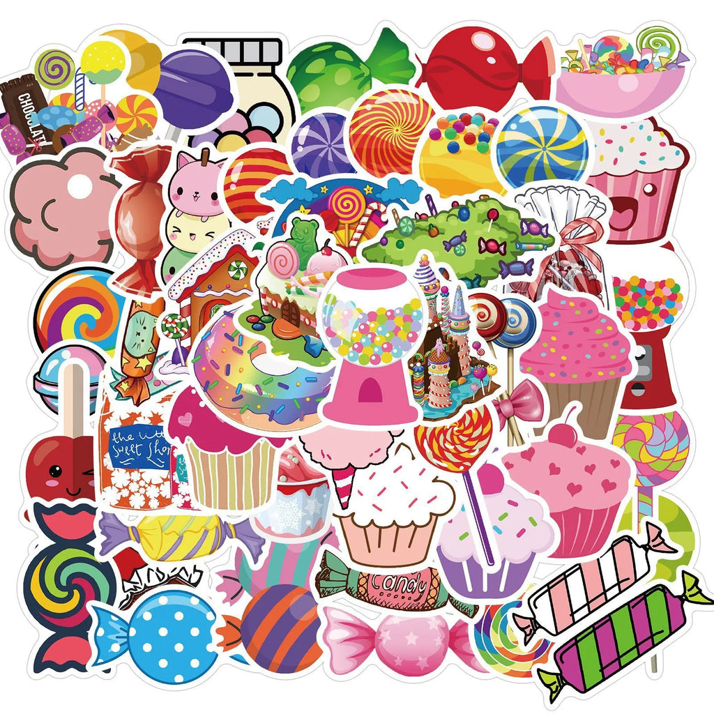Pack of 50 colourful candy graffiti cartoon stickers measuring 4-6cm
