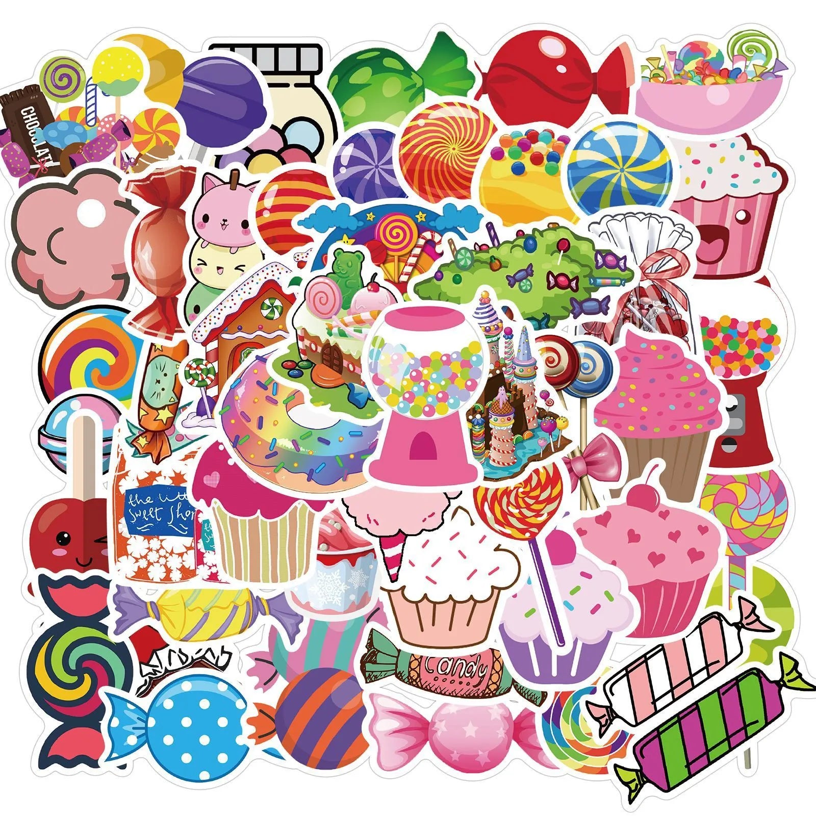 Pack of 50 colourful candy graffiti cartoon stickers measuring 4-6cm