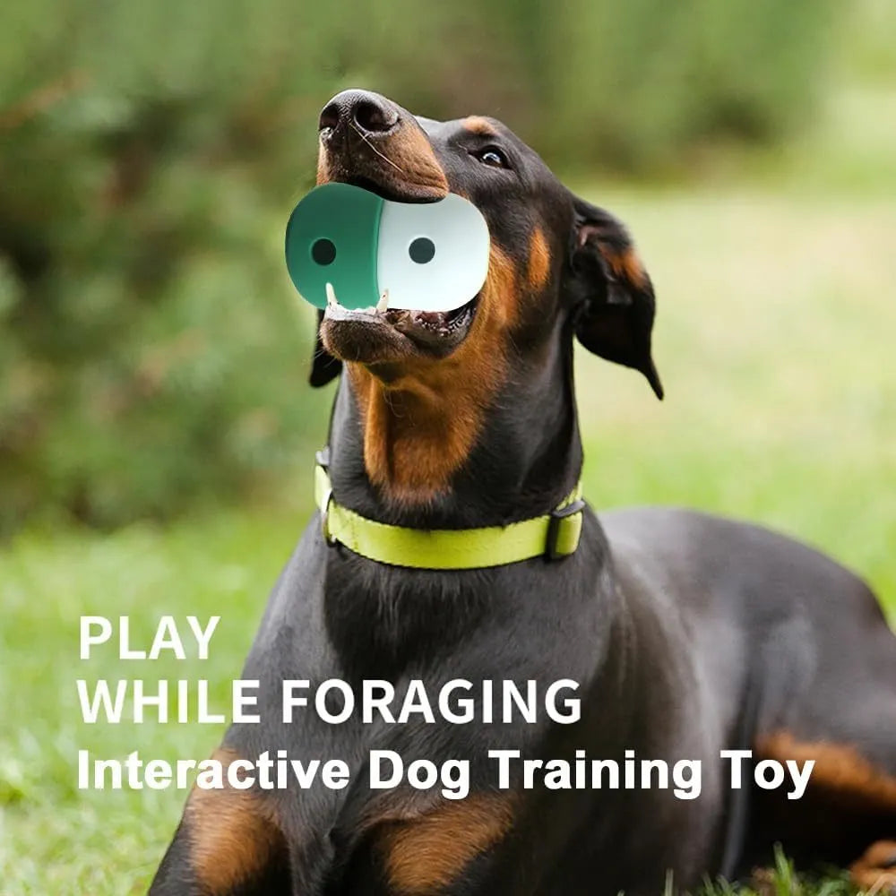 White and blue food-grade silicone dog treat puzzle toy for small breeds on a hard floor.