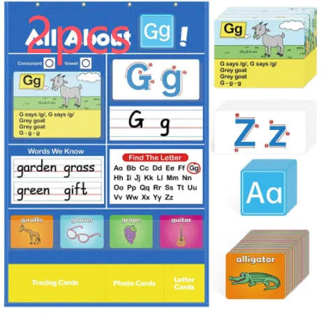 Alphabet learning chart for children with word cards, letter cards, picture cards and songs on 60x40cm sleeve table
