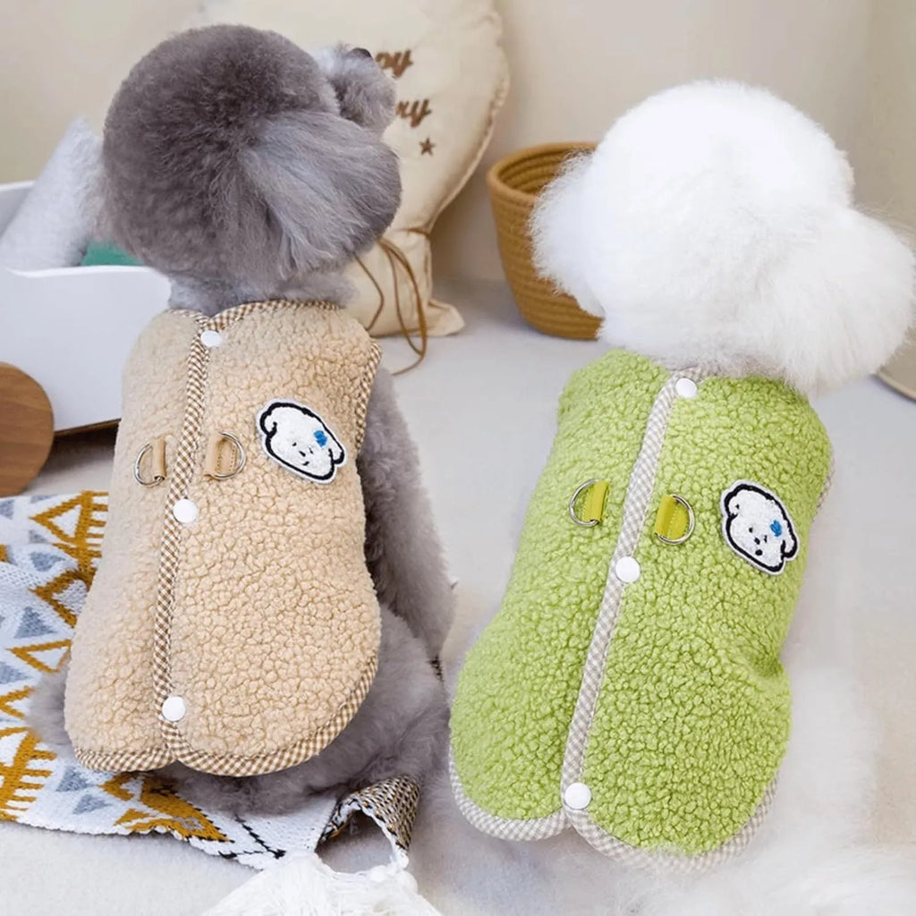 Green coral fleece dog vest with a metal leash ring on the back for a small dog