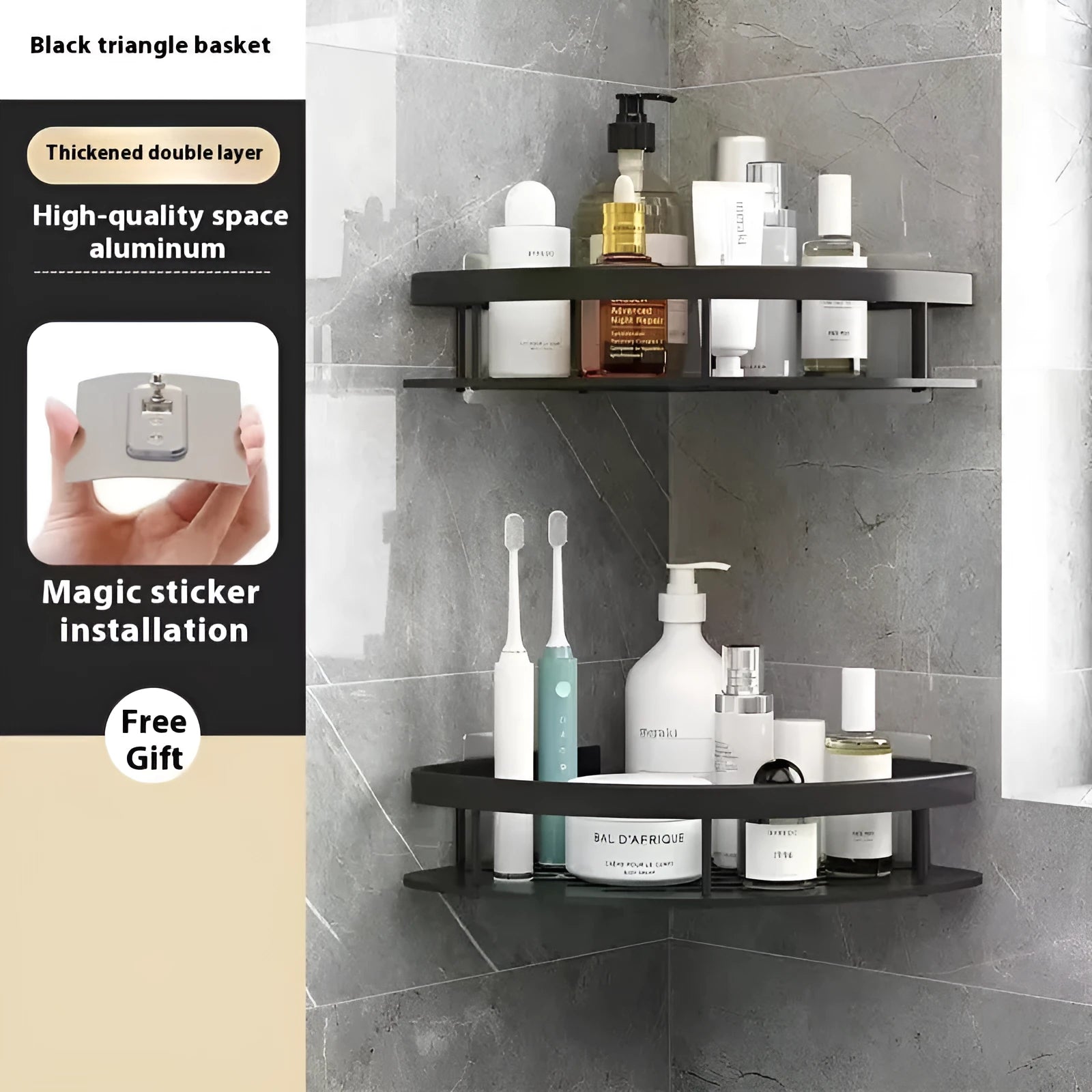 Black multi-layer punch-free toilet bath storage rack with a double triangle design