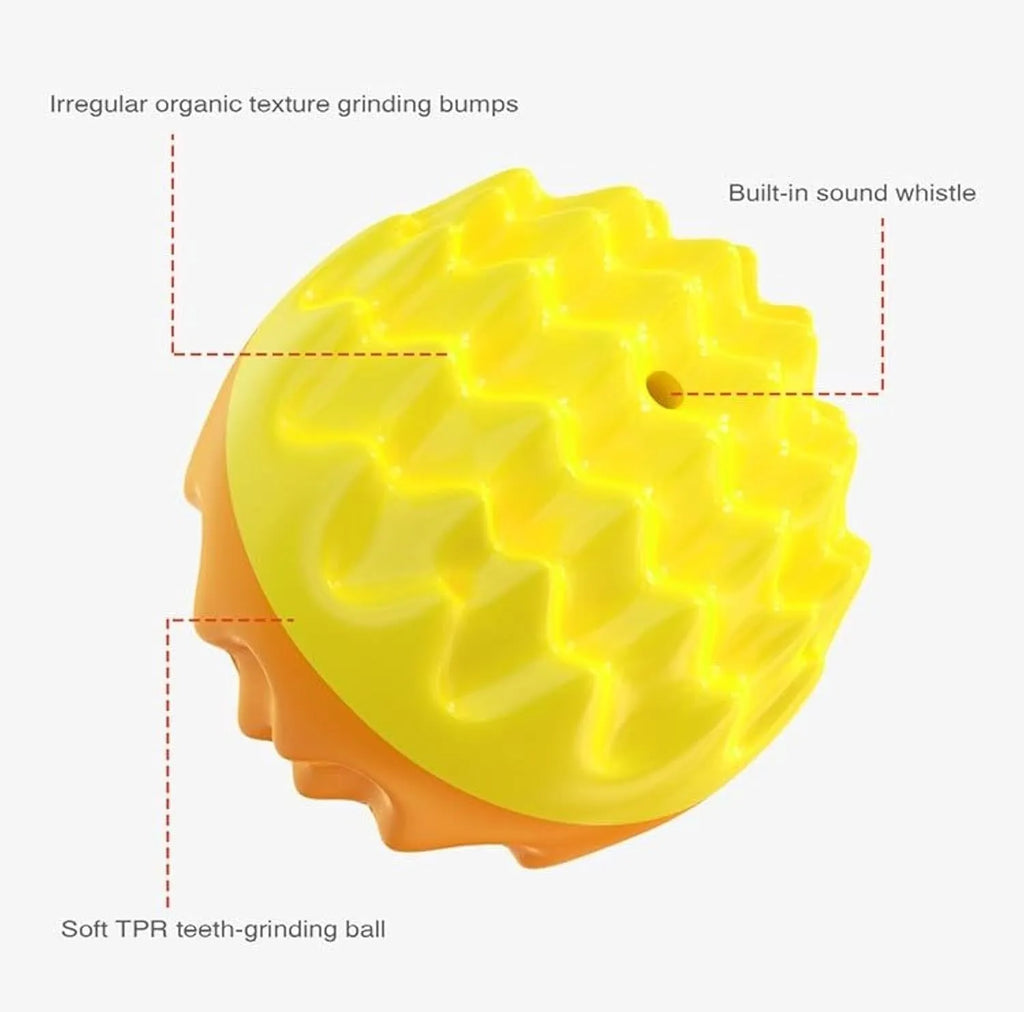 Blue and orange durable rubber squeaky dog ball toy with spiky texture for teeth cleaning.