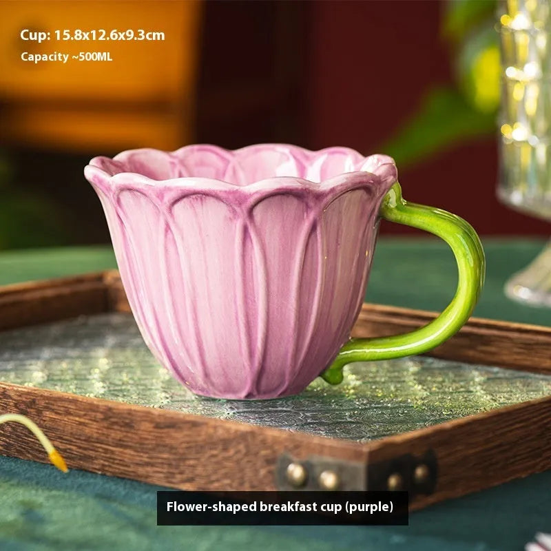 500ml pastoral floral ceramic breakfast cup in red, purple or mixed set