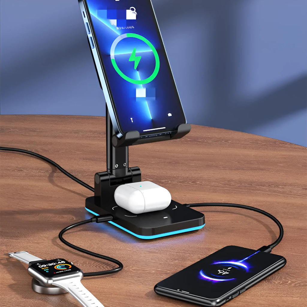 Desktop mobile phone holder with wireless charging in black or white with 5W or 15W power options